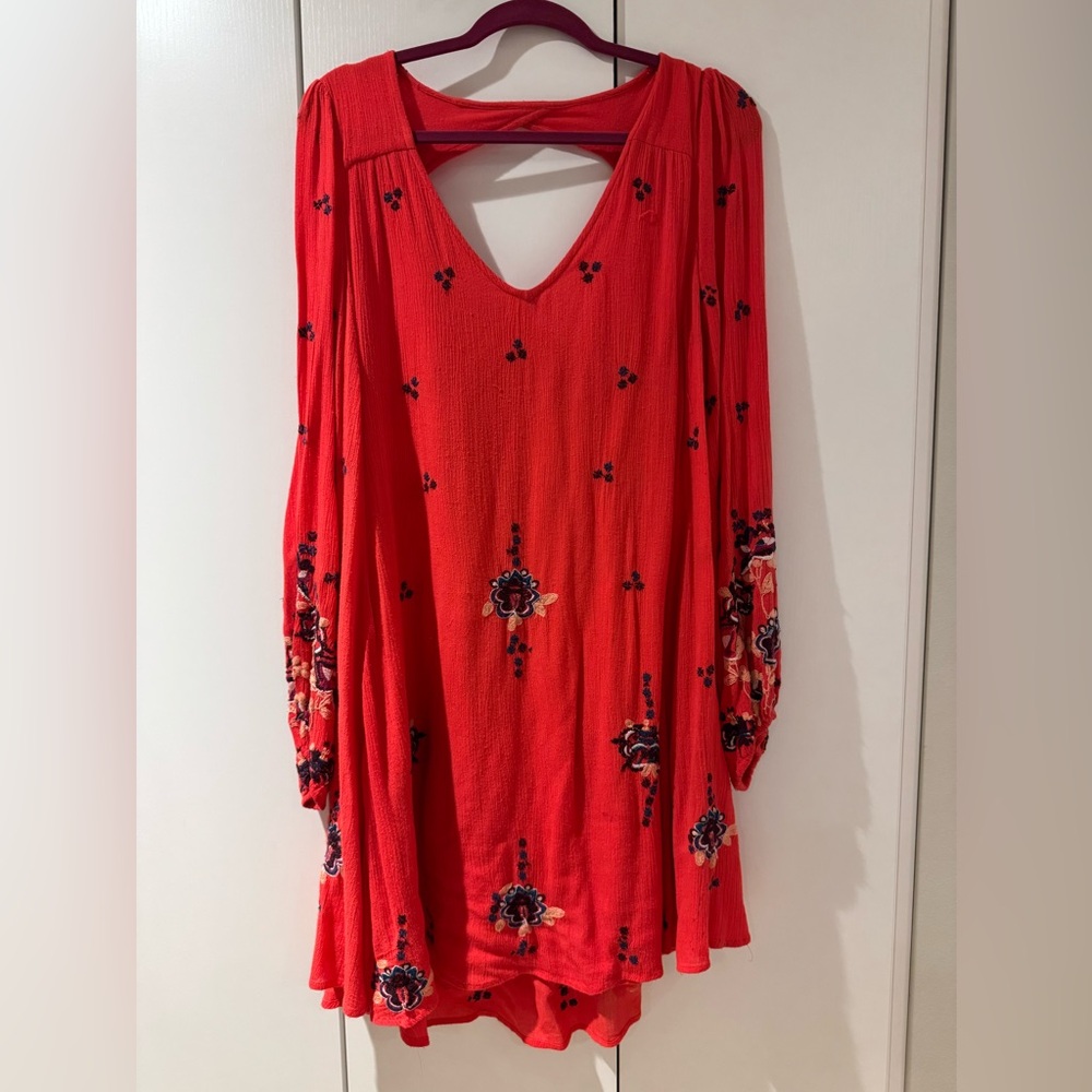 Free People deep Coral Embroidered Tunic